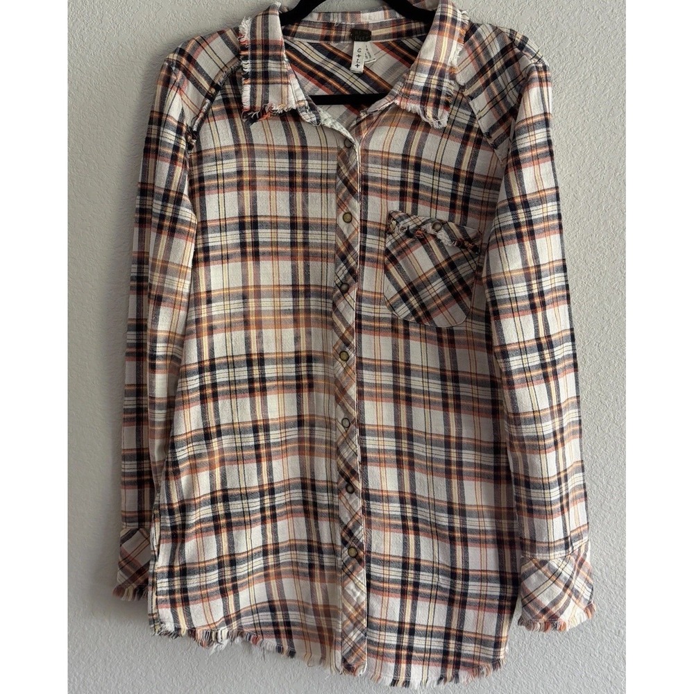 We The Free Womens S Oversized Flannel Button-Up Shirt Brown Blue Western boho